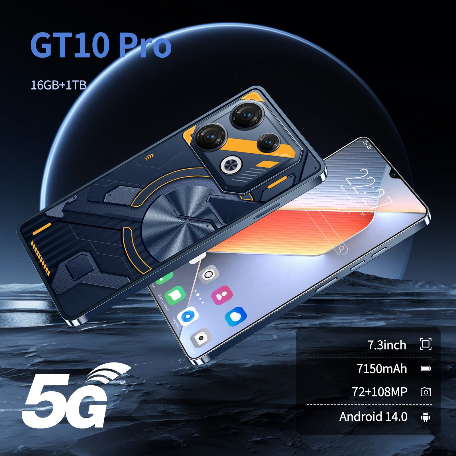 Original Cellphone GT10 pro 7.3 inch Hd 16GB+1TB Mobilephone Android14 Face Unlock 5G smartphone Factory wholesale price